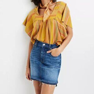 Madewell Step-Hem Jean Denim Skirt Brandt Wash Distressed Frayed Hem